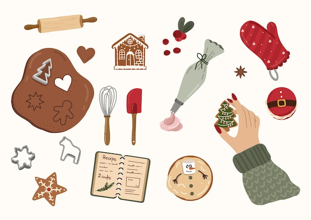 Set d'illustration de cuisson de Noël avec des ingrédients de biscuits au pain d'épice et des décorations de vacances