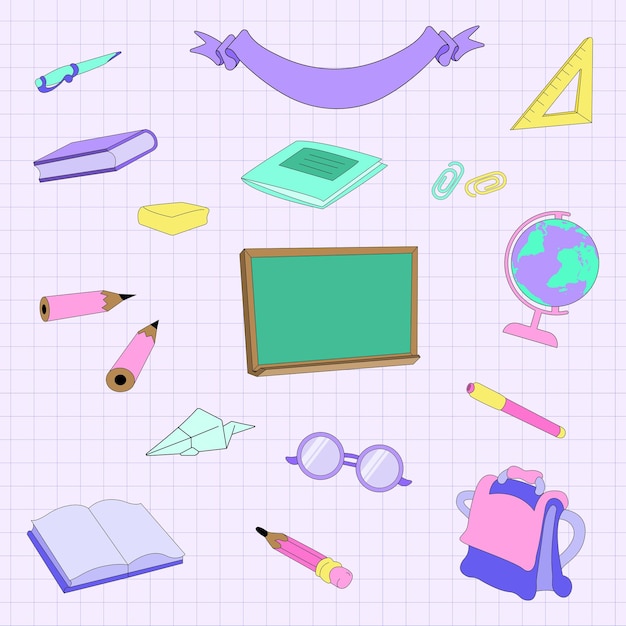 Set D'illustration Graphique Vectorielle D'outils Scolaires Et De Papeterie Pour Un élève Sur Un Fond Rose