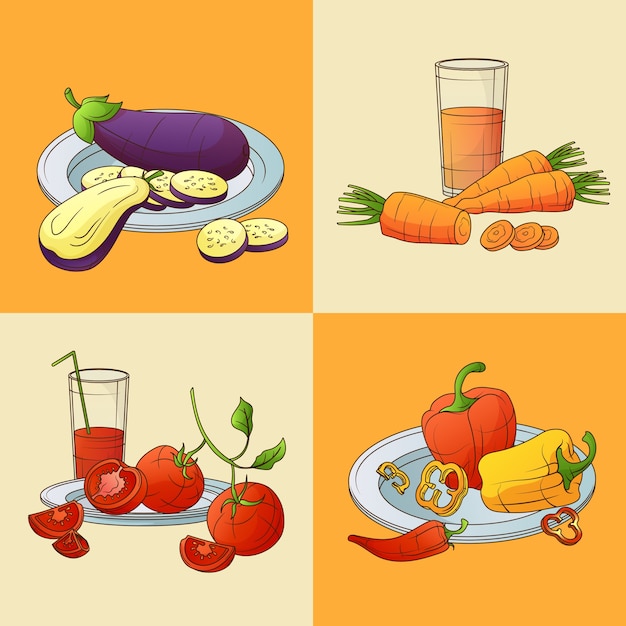 Vecteur set d'illustrations d'aliments biologiques dessinées à la main avec des légumes frais