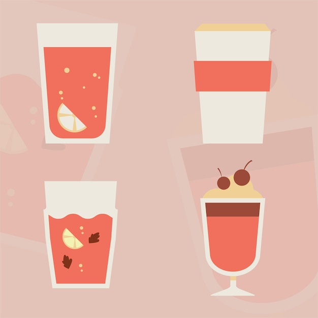 Vecteur set d'illustrations d'autocollants à design plat pour verre à boire rose créatif