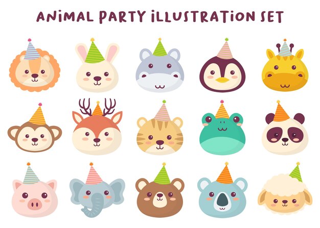 Vecteur set d'illustrations de fête de bébés animaux mignons