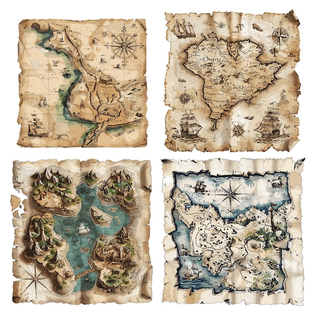 Set d'illustrations raster de gravure en couleur de la carte du trésor isolée sur fond blanc