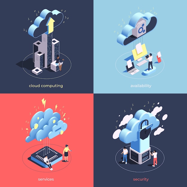 Set d'illustrations de services de cloud computing isométriques