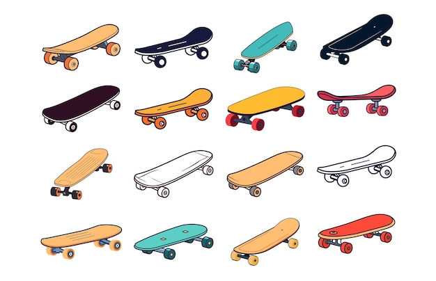 Set D'illustrations Sportives De Skateboard Avec Des Vecteurs De Couleurs D'icônes