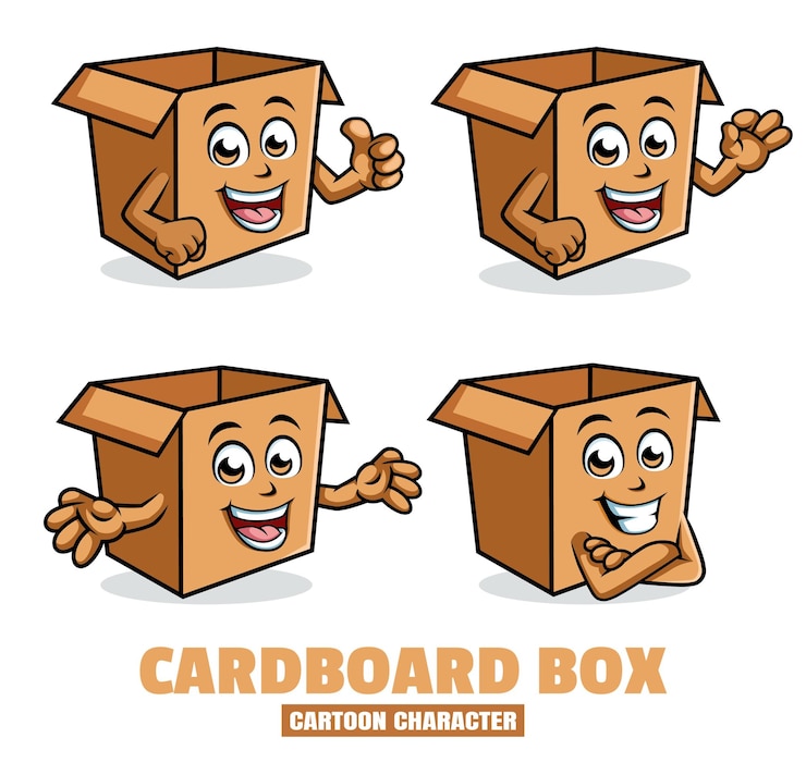 Vecteur set d'illustrations vectorielles de personnages de mascotte de dessins animés en boîte en carton dans différentes poses