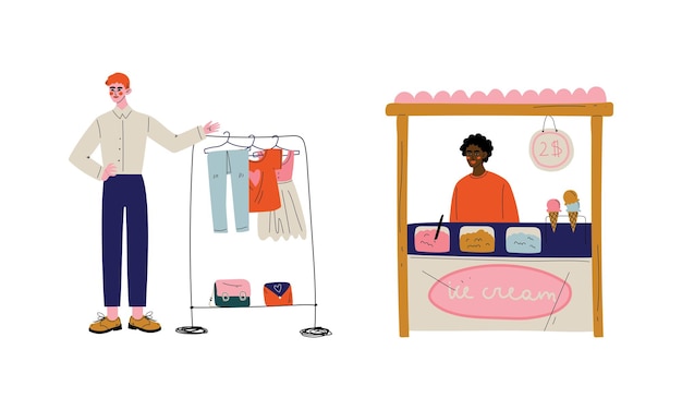 Set d'illustrations vectorielles de personnages vendant des marchandises sur le marché ou le marché aux puces