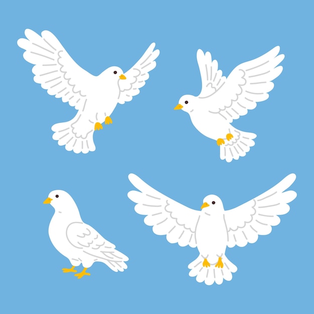 Vecteur set d'illustrations vectorielles de pigeons doodle mignons pour les cartes de vœux de timbres numériques