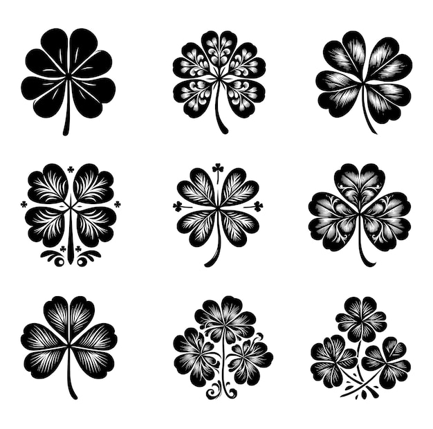 Set D'illustrations Vectorielles De La Silhouette Du Trèfle à Quatre Feuilles.