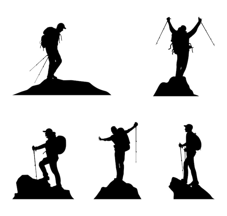 Vecteur set d'illustrations vectorielles de silhouettes de randonneurs