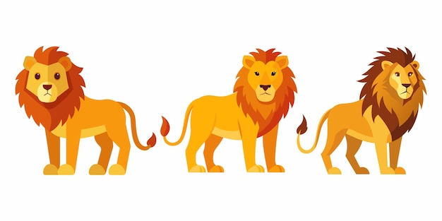 Set d'illustrations vectorielles stylisées du lion avec quatre dessins uniques, des couleurs audacieuses et des caractéristiques caricaturales