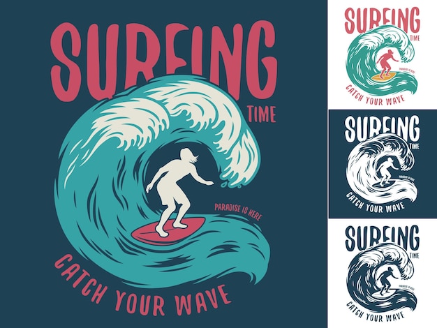 Vecteur set d'impression d'un homme en silhouette sur une planche de surf et de l'emblème hawaïen pour la conception d'un t-shirt