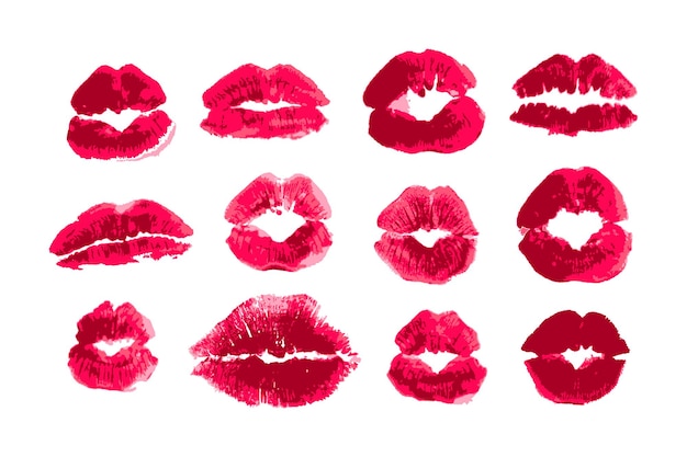 Set d'impressions de baisers à lèvres féminins Marques de baiser rouge à lèvre féminines Impressions de formes différentes Vector