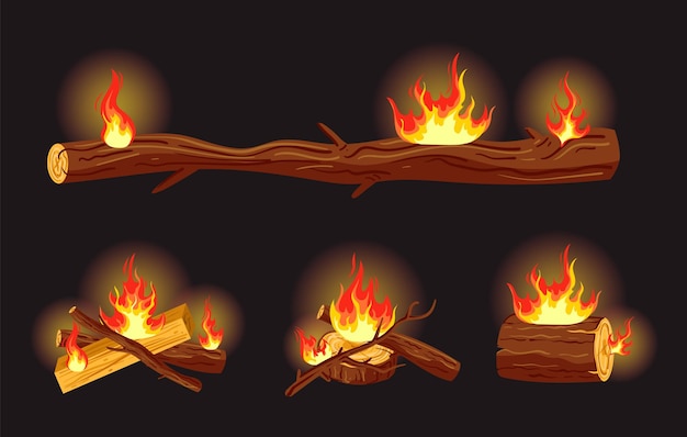 Set Isolé De Flammes De Bois De Chauffage De Feu De Camp Illustration De Conception Graphique Plate Vectorielle