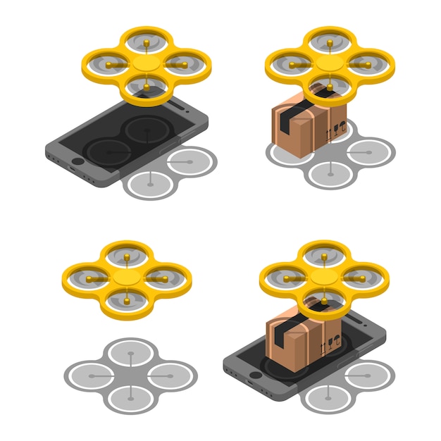 Set Isométrique En Ligne De Livraison De Drone Sans Fil. Colis Colis De Livraison En Utilisant Drone Sur Smartphone écran
