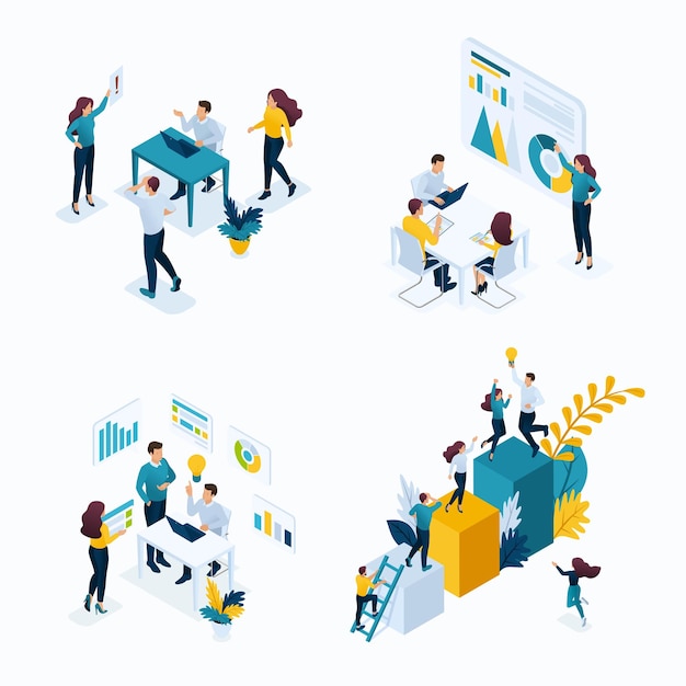 Set isométrique de modèles conceptuels pour les solutions commerciales, le démarrage, la planification et la stratégie.