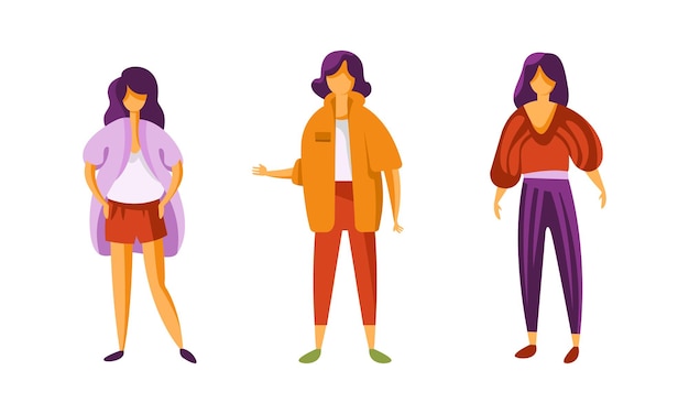 Set de jeunes femmes portant des vêtements élégants Des filles à la mode vêtues de vêtements à la mode Illustration vectorielle de dessins animés