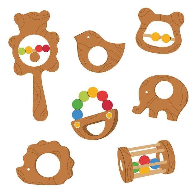 Vecteur set de jouets en bois jeu de bébé en bois grillons en bois éléphant en bois oiseau matériau naturel grillons écologiques