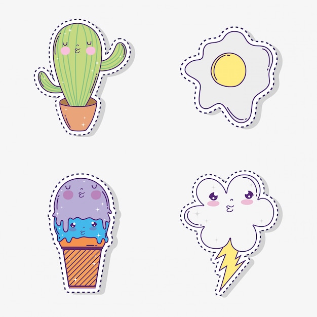 Set Kawaii Cactus Avec Glace Et Nuage Avec Arc-en-ciel