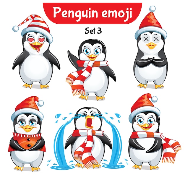 Set Kit Collection Autocollant Emoji émoticône émotion Vecteur Isolé Illustration Heureux Caractère Doux, Mignon Pingouin De Noël