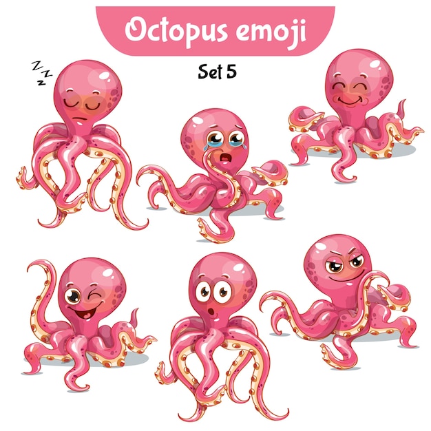 Set Kit Collection Autocollant Emoji émoticône émotion Vecteur Isolé Illustration Heureux Caractère Doux, Mignon Rose Otopus