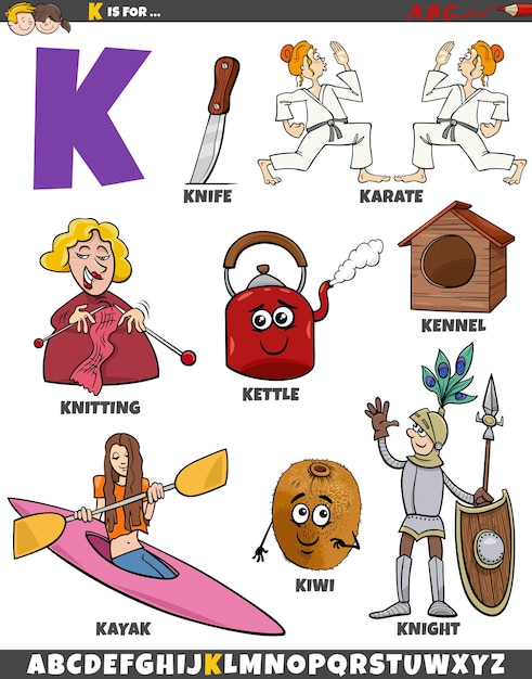 Vecteur set de lettres k avec des objets et des personnages de dessins animés