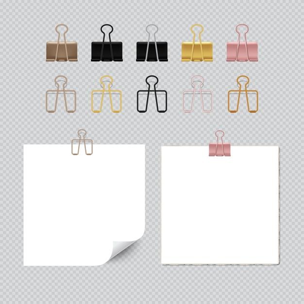 Vecteur set de liants, de pinces, de fermetures, de feuilles de documents, de coupes métalliques, de papeterie scolaire, d'accessoires de bureau