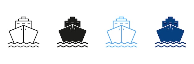 Vecteur set de lignes et de silhouettes icons de couleurs de navires de croisière pictogramme de navire de cargaison