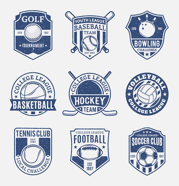 Set de logo d'équipe sportive de style rétro pour neuf disciplines sportives