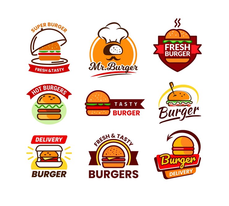 Set de logo de hamburger Logotype de grand hamburger et sandwich pour café ou restaurant menu de restauration rapide dessin décoration brochure et logo conception créative chef étiquette gourmet illustration vectorielle
