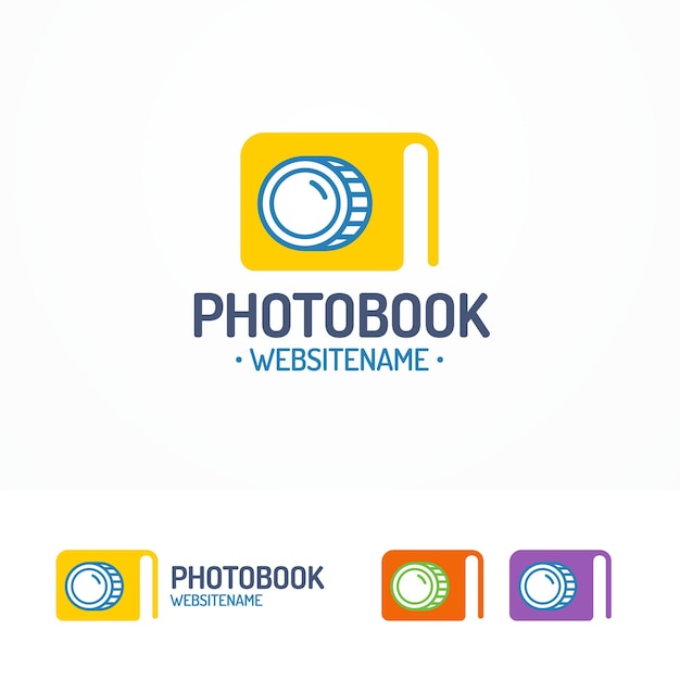 Set De Logo De Photobook Avec Livre Et Objectif De Style Plat Couleur Moderne Pour Une Utilisation En Photostudio, Photoécole, Photoéducation Et Ainsi De Suite Illustration Vectorielle