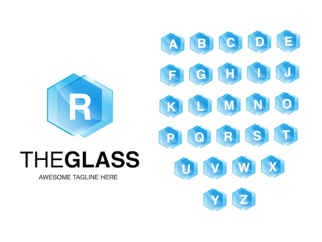 Vecteur set de logo en verre alphabétique avec des feuilles hexagonales vectorielles de plaque bleue transparente ou de verre plat