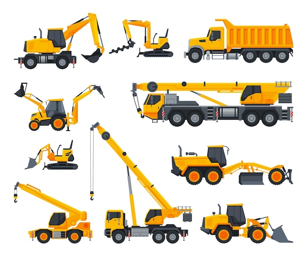 Set de machines lourdes de construction, camions de transport spéciaux lourds, excavators, bulldozers et grues vectorielles