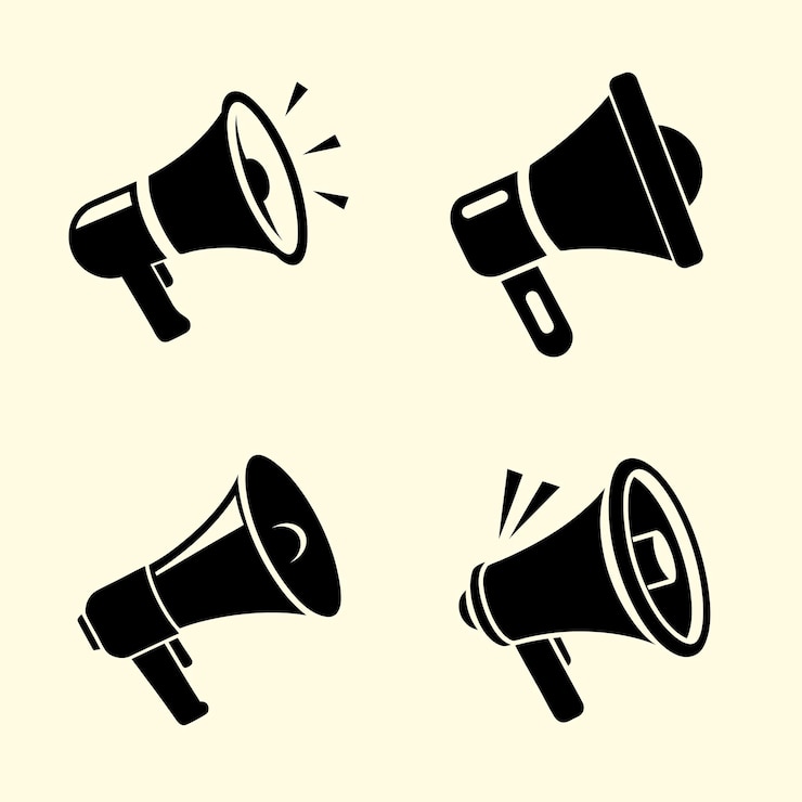 Vecteur set de mégaphones à vecteur de silhouette pour la diffusion de discours en public et l'amplification de la voix
