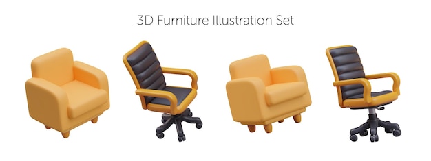 Set de meubles 3D avec fauteuil jaune et chaise de bureau dans différentes positions