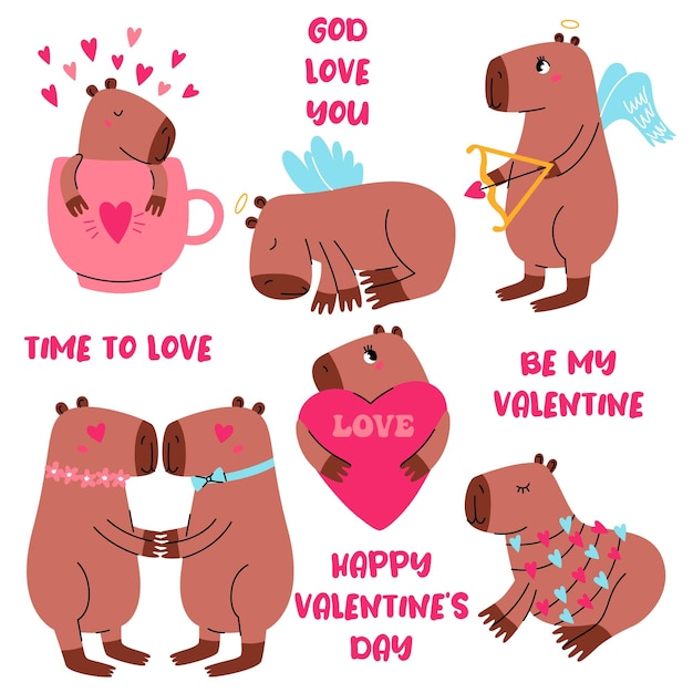 Vecteur set mignon et adorable capybaras animal pour la journée de la saint-valentin