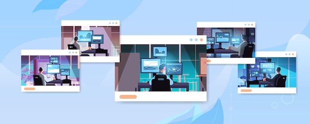 Set mix race traders courtiers boursiers analysant les graphiques graphiques et les taux sur les moniteurs d'ordinateur au lieu de travail dans le navigateur web windows illustration vectorielle horizontale