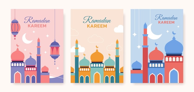 Vecteur set de modèle d'affiche du ramadan kareem couverture de carte de vœux mosquée avec lanternes arabes et nuages
