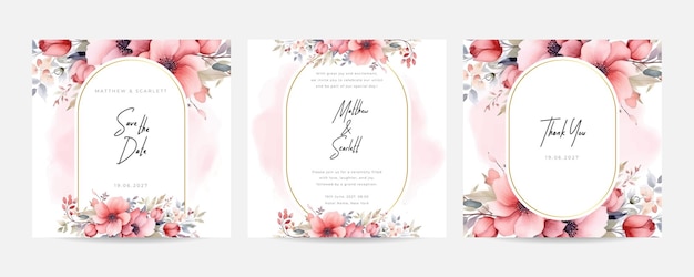 Vecteur set de modèles de cartes d'invitation de mariage avec des fleurs de bégonie rose doux et un fond à l'aquarelle