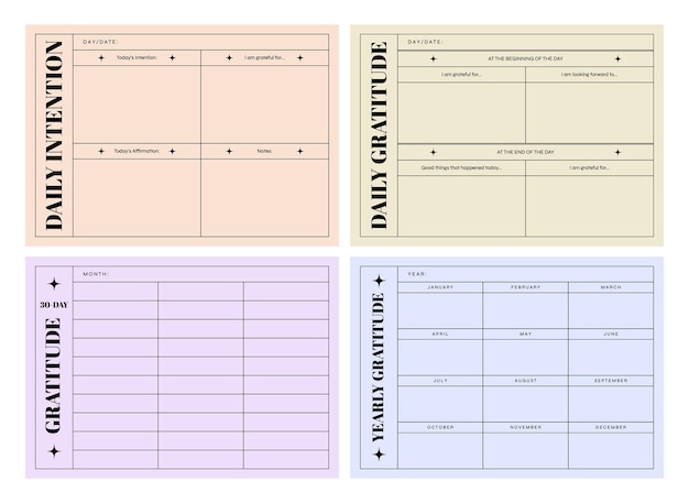 Vecteur set de modèles de manifestation imprimables pour le journal de gratitude, la liste de rêves, la réflexion et les soins personnels