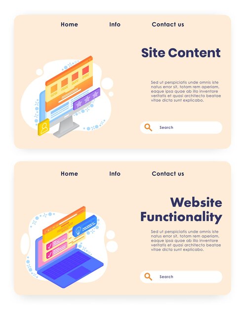 Set de modèles de pages de destination du site vectoriel de contenu du site