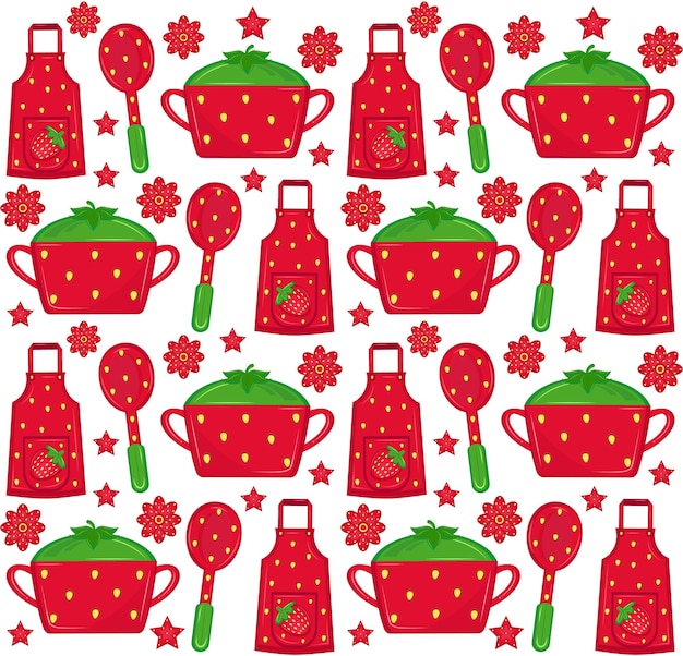 Vecteur set de motifs de fruits et de fleurs plats à motifs textiles sans couture d'appareils de cuisine strawberry