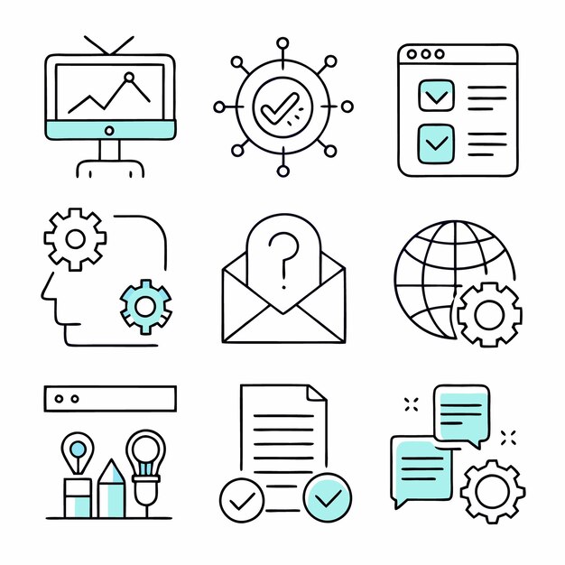 Set de neuf icônes linéaires représentant le marketing numérique, la communication en ligne et le développement Web