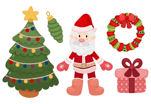 Set de Noël de dessins animés avec des cadeaux d'arbre de Noël du Père Noël Design moderne