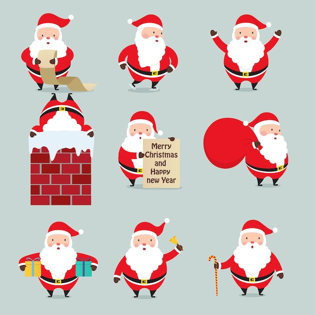 Set de Noël Le Père Noël Symboles de vacances mignons dans une variété de positions
