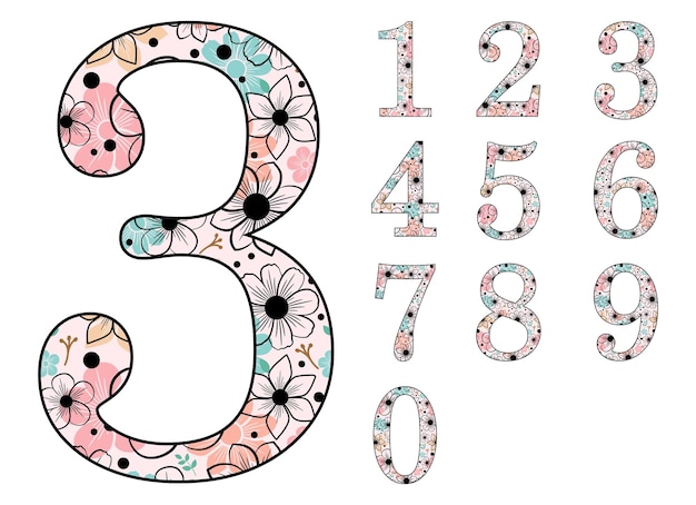 Vecteur set de numéros de fleurs doodle az numéros de monogrammes floraux designes vectoriels de sublimation
