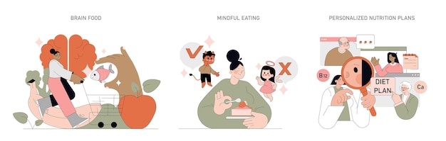 Set de nutrition et de santé mentale explorant l'impact du régime alimentaire sur le fonctionnement du cerveau habitudes alimentaires attentives