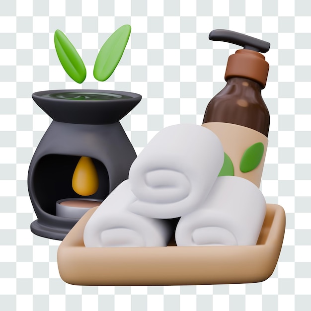Set d'objets 3D pour salon de spa Bouteille de lampe Aroma avec distributeur Plaque en bois avec serviettes roulées