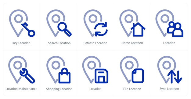 A set of 10 micro icons as key location search location refresh location