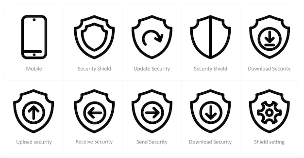 A set of 10 micro icons as mobile security shield update security