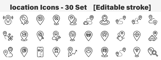 Set of 30 outline location icons Line art icon collection Editable stroke Vector illustration